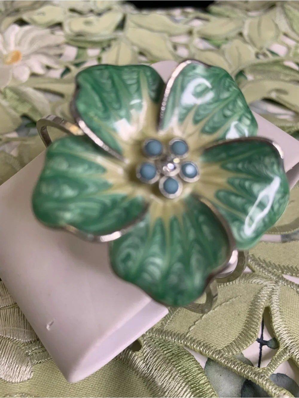 Green Floral Enamel Bracelet with Crystal Accent